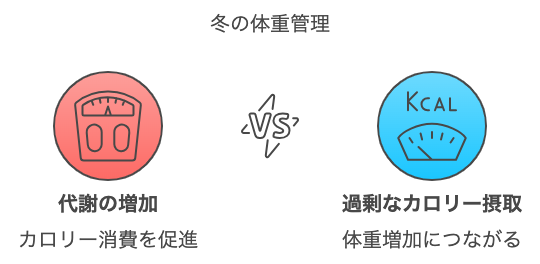 冬の体重管理と題して、代謝の増加vs過剰なカロリー摂取のイメージ画像