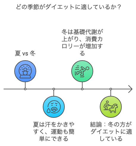 どの季節がダイエットにむいているか？を右に進む矢印で表示